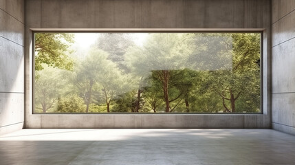 empty concrete room with large window on nature background. generative ai