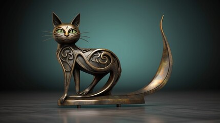Bronze metal sculpture street cat stretching paul illustration picture AI generated art - obrazy, fototapety, plakaty