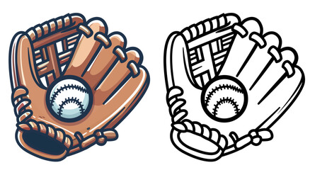 baseball glove cartoon style vector illustration , baseball mitt , base ball equipment vector image , colored and black and white line art stock vector