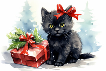 a charming black kitten with a red bow on its ear sits near beautifully packaged gift boxes, - obrazy, fototapety, plakaty