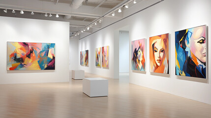 Modern minimalistic art gallery with beautiful paintings on a white wall