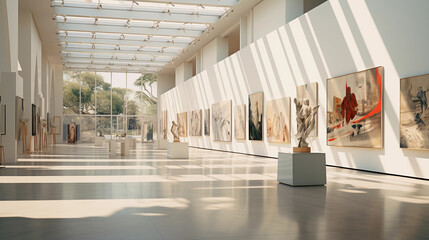 Modern minimalistic art gallery with beautiful paintings on a white wall