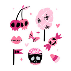 Halloween treats set. Halloween sweets for kids in pink colors. Collection of caramel, jelly sweets, sugar bonbons, Cotton candy with spiders, skull cupcake with brains. Vector cartoon illustration