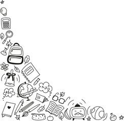 Background for school, school theme, school doodles, inscription in a notebook, training, lessons, time for training, Set of school tools, set of education icons, back to school