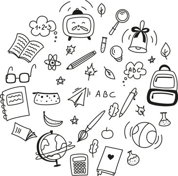 set of doodle elements for school, doodle school, school theme, school doodles, inscription in a notebook, training, lessons, time for training, Set of school tools, set of education icons