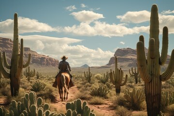 Lone horseman riding through the cactus desert with rocky mountains landscape - obrazy, fototapety, plakaty