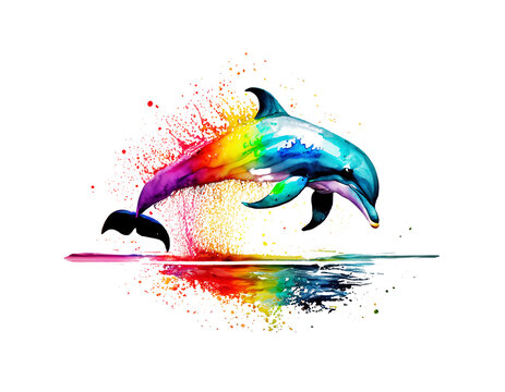 fr&ouml;hlich springender  Delfin in regenbogen bunten Wasserfarben mit Spritzern und Kleksen vor einem wei&szlig;en Hintergrund als Vorlage f&uuml;r Design wildlebender Meerestiere, S&auml;ugetiere, Ozean, Zoo, Meer