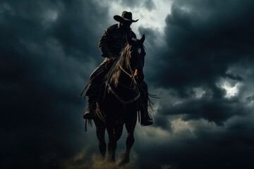 strainy gallop on horse under stormy clouds