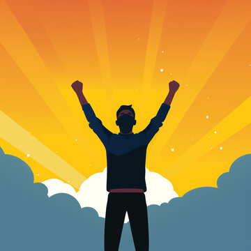 Illustration image of a man raising his hand as a sign of success or victory.
