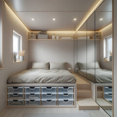 A small, minimalist modern bedroom in a tiny home. The room features a raised platform bed with storage drawers beneath it. Mirrored Walls.