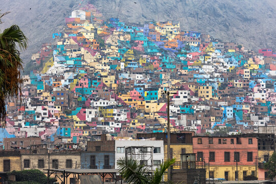 Colorful houses on a hillside in Lima, Peru. Poor district