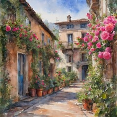 watercolor illustration of an old neighborhood decorated with flowers and a clear blue sky