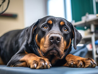 A Rottweiler dog lies on a medical couch in a veterinary clinic.