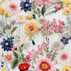 Seamless embroidery of beautiful flowers, wildflowers embroidered on fabric, handmade work, fabric printing, seamless design.