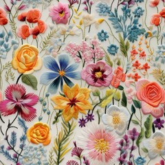 Seamless embroidery of beautiful flowers, wildflowers embroidered on fabric, handmade work, fabric printing, seamless design.