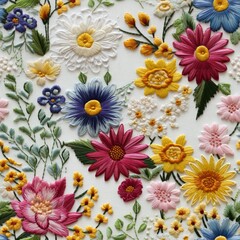 Seamless embroidery of beautiful flowers, wildflowers embroidered on fabric, handmade work, fabric printing, seamless design.