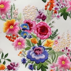 Fototapeta na wymiar Seamless embroidery of beautiful flowers, wildflowers embroidered on fabric, handmade work, fabric printing, seamless design.