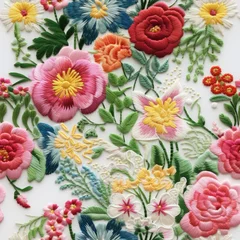 Behang Seamless embroidery of beautiful flowers, wildflowers embroidered on fabric, handmade work, fabric printing, seamless design. © Anton