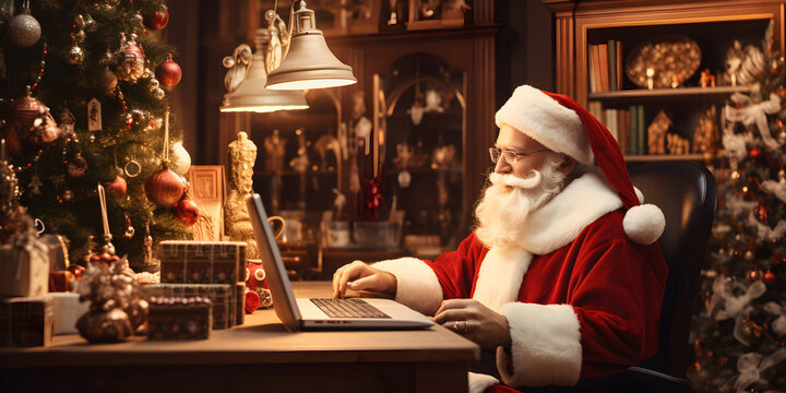 Santa computer, present gift box, christmas party celebration, season shopping sale, delivery Christmas gifts, Holiday presents