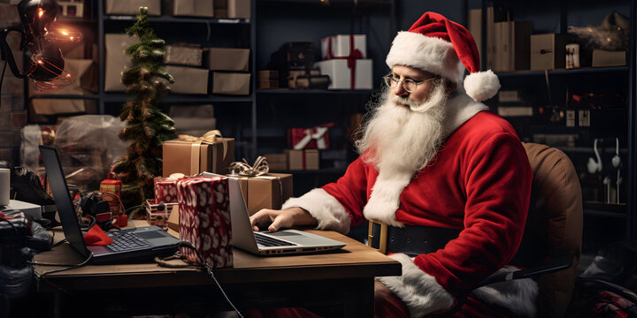 Santa computer, present gift box, christmas party celebration, season shopping sale, delivery Christmas gifts, Holiday presents