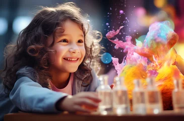 Foto op Canvas Smiling Child Girl Observing Colorful Chemical Reaction © fotoyou