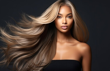 Portrait of Beautiful Blonde Black Woman with Long Straight Wavy Hair Flying in the Wind - obrazy, fototapety, plakaty