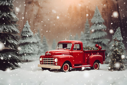red christmas truck, car toy, Christmas gifts, vintage Christmas car, chrismas symbol, winter holidays concept, Christmas greeting card,bokeh background, celebration wallpaper