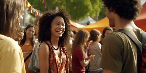 A dynamic community festival. a person of mixed Asian and African descent, in their late 20s, wearing a vibrant, multicolored shirt and jeans. friendly demeanor, exchanging greetings and small talk wi