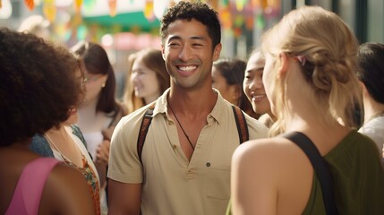 Fototapeta premium A dynamic community festival. a person of mixed Asian and African descent, in their late 20s, wearing a vibrant, multicolored shirt and jeans. friendly demeanor, exchanging greetings and small talk wi