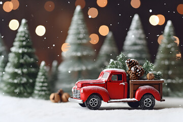 red christmas truck, car toy, Christmas gifts, vintage Christmas car, chrismas symbol, winter holidays concept, Christmas greeting card,bokeh background, celebration wallpaper