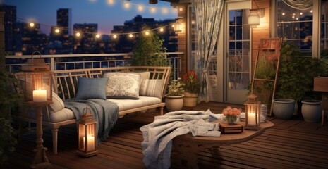 Outdoor balcony with warm lights and lighting created with AI
