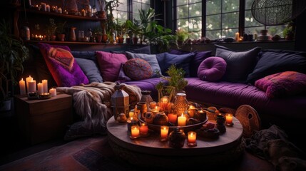 Living room with canddles. Space for witchcraft, magical practices, fortune telling - obrazy, fototapety, plakaty