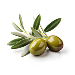 green olives with leaves isolated on white