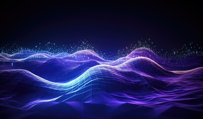 Blue and purple waves and lines presenting data visualization, futuristic space aesthetic, created with AI