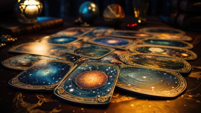 Set of tarot cards for divination and fortune telling. Mystic still life with cards and candlelights