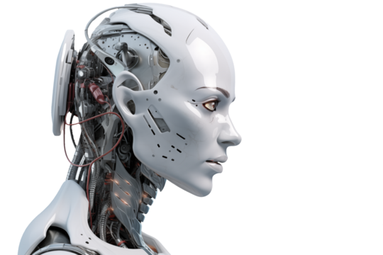 Realistic Exoskeleton Cyborg male face PNG isolated on white and transparent background - sci-fi technology concept