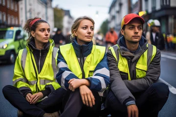 Foto op Canvas Young Climate protesters sitting on a street in high - visibility vests and block the car traffic. © PixelGallery
