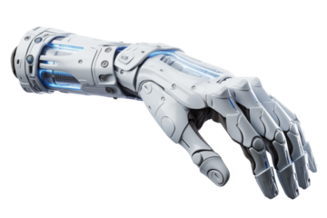 Realistic Exoskeleton robot hand PNG isolated on white and transparent background - sci-fi technology concept