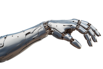 Realistic Exoskeleton robot hand PNG isolated on white and transparent background - sci-fi technology concept