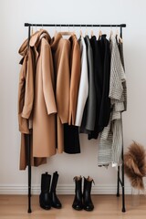 Minimal trendy capsule wardrobe in natural colors for cold weather. Autumn and winter fashion - obrazy, fototapety, plakaty