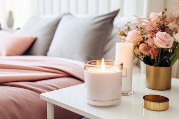 Aroma candle mock up, warm aesthetic composition. Cozy home comfort, relaxation and wellness concept. Interior decoration mockup