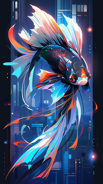 Cyberpunk Holographic Swordtail Fish, AI Generated
