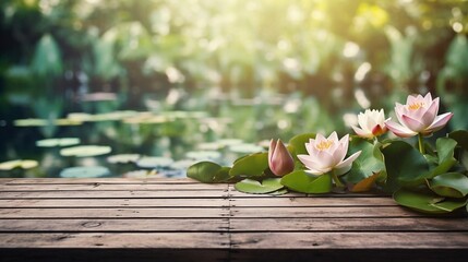 Water lily view in the pond, tranquil pond background with floating lilies and a wooden dock