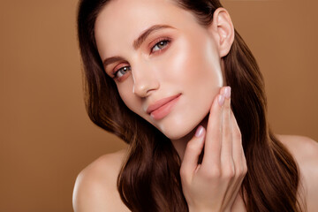 Portrait of attractive pretty lady touch check wrinkles dots enjoy new cream gel on pastel color background