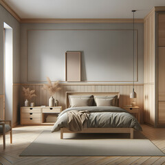 Japandi aesthetic. The walls are painted in soft, neutral tones such as beige