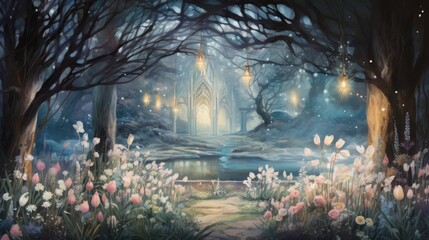 Enchanted whimsical floral garden in watercolor background. Beautiful hand drawn spring summer colorful blooming flowers garden landscape illustration for wedding invitation card, print, wallpaper..