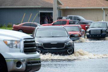 Flooded street after hurricane rainfall with driving cars in Florida residential area. Consequences of natural disaster - obrazy, fototapety, plakaty