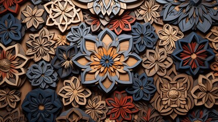 Wooden mosaic in oriental style. Generation AI - obrazy, fototapety, plakaty