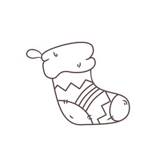 Vector outline illustration of Christmas stocking for gifts. Isolated design element for the winter holidays, events, greeting cards