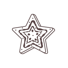 Vector outline illustration of Christmas gingerbread star. Sweet festive cookies with glaze and decorations. Isolated element